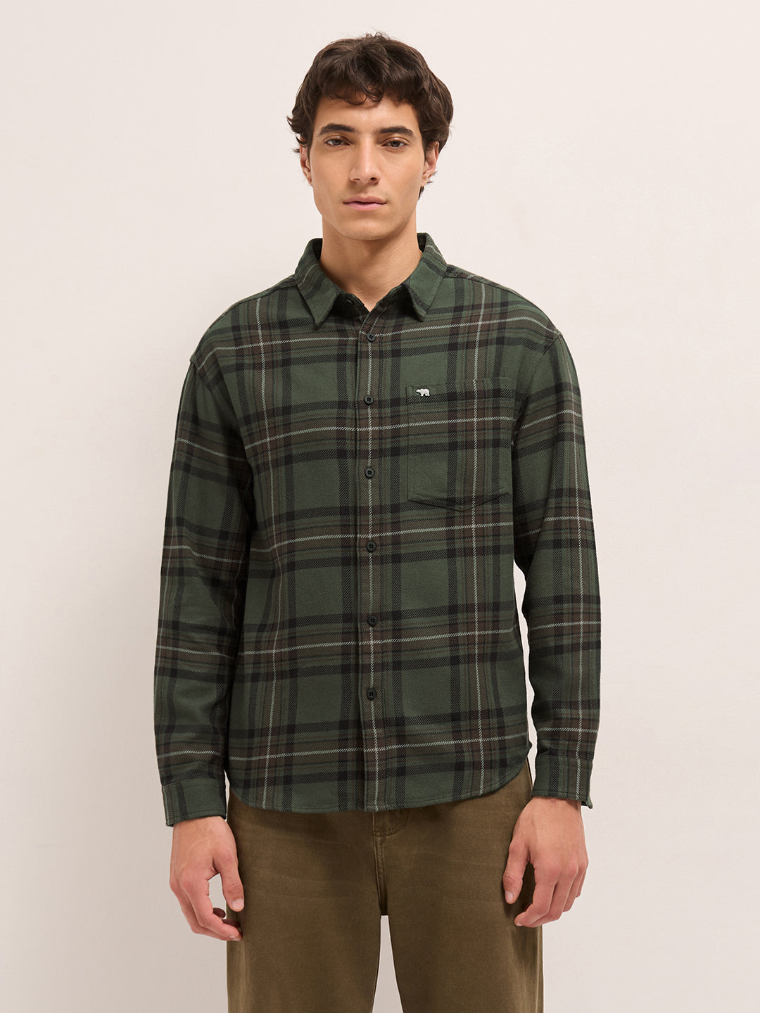 Olive Woven Tartan Checked Flannel Regular Fit Casual Shirt