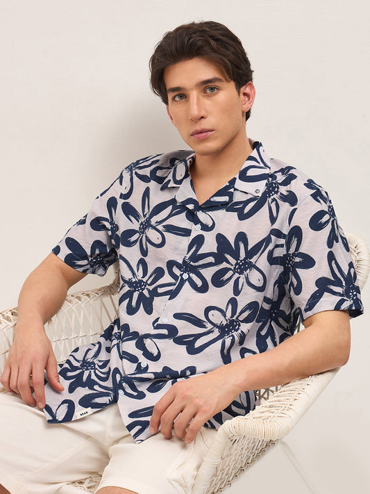 Blue Floral Motif Print Relaxed Fit Half-Sleeve Casual Shirt