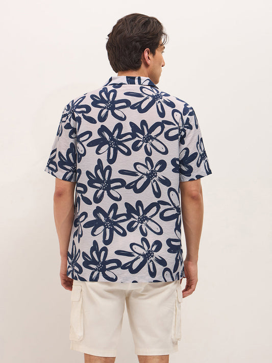 Blue Floral Motif Print Relaxed Fit Half-Sleeve Casual Shirt