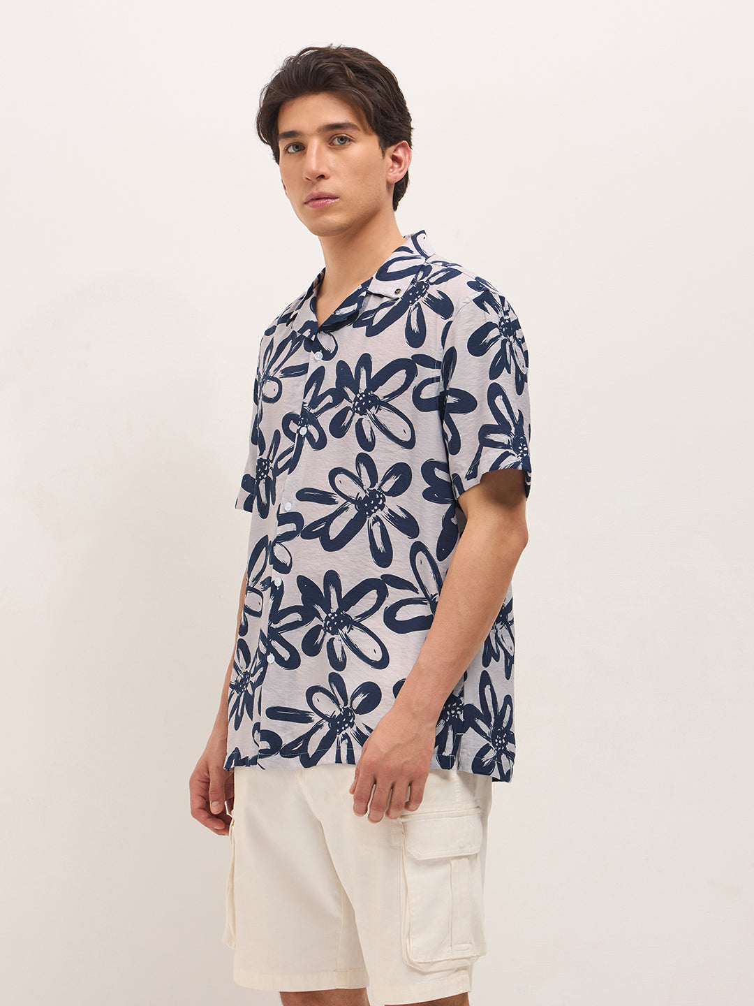 Blue Floral Motif Print Relaxed Fit Half-Sleeve Casual Shirt