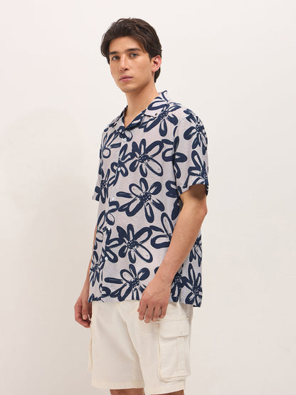 Blue Floral Motif Print Relaxed Fit Half-Sleeve Casual Shirt