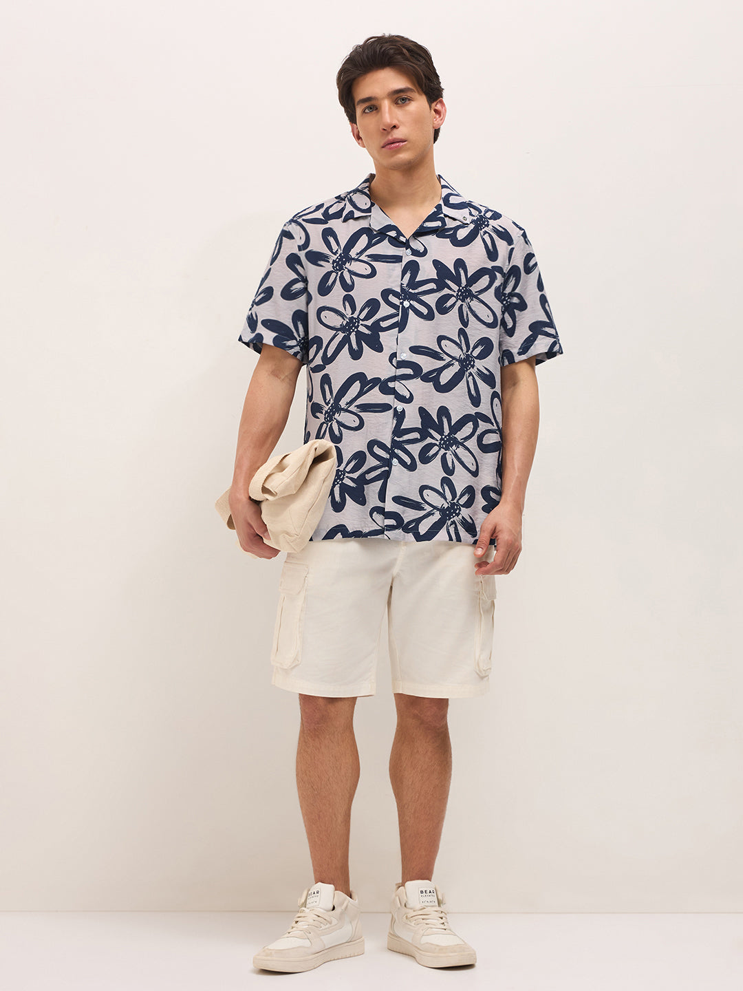 Blue Floral Motif Print Relaxed Fit Half-Sleeve Casual Shirt