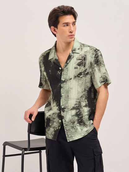 Green Viscose Abstract print Relaxed Fit Cuban Collar Shirt