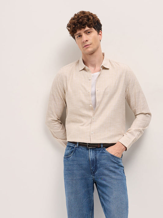 Beige Vertical Stripes Slim Fit Casual Shirt
