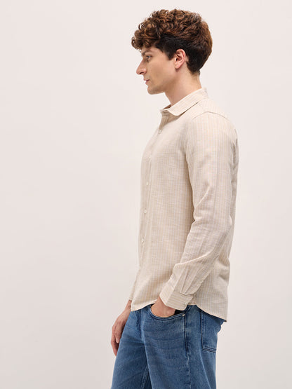 Beige Vertical Stripes Slim Fit Casual Shirt