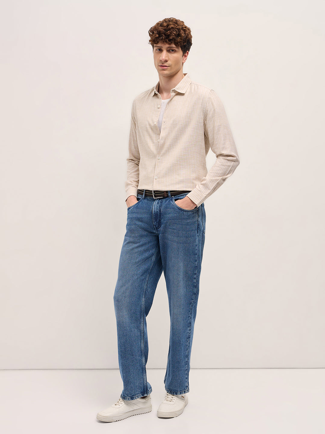 Beige Vertical Stripes Slim Fit Casual Shirt