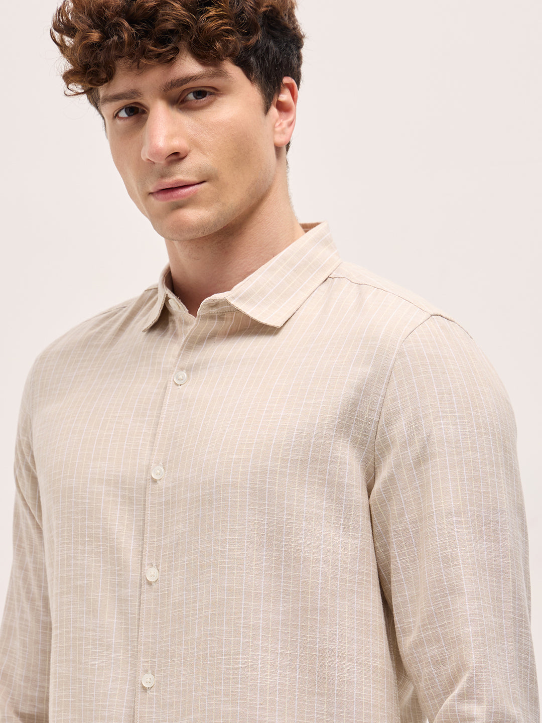 Beige Vertical Stripes Slim Fit Casual Shirt