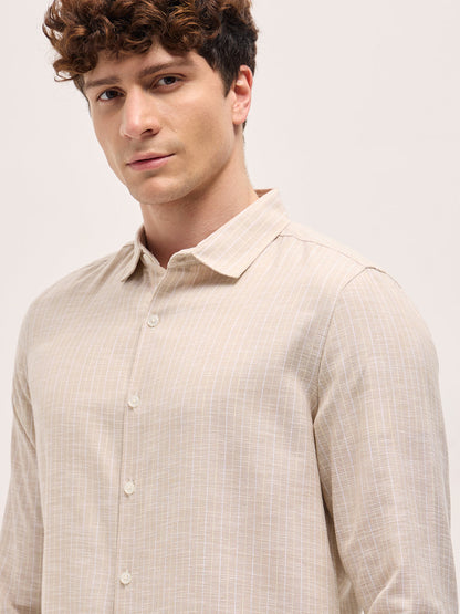 Beige Vertical Stripes Slim Fit Casual Shirt