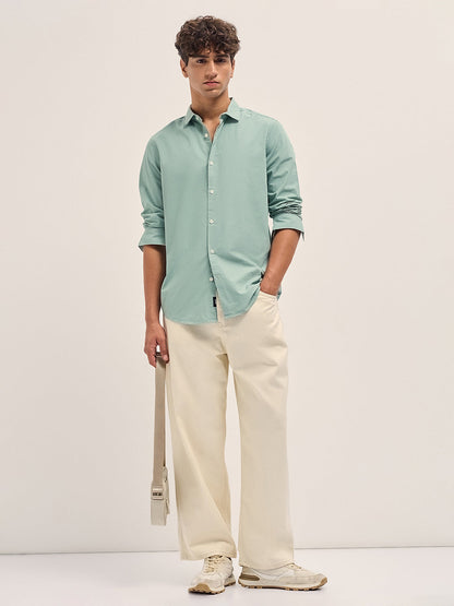 Green Solid Cotton Slim Fit Casual Shirt