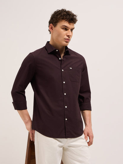 Maroon Cotton Solid Slim Fit Casual Shirt