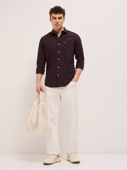 Maroon Cotton Solid Slim Fit Casual Shirt