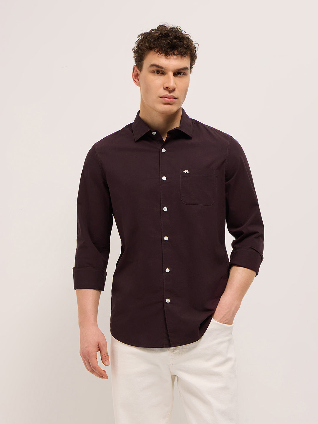 Maroon Cotton Solid Slim Fit Casual Shirt