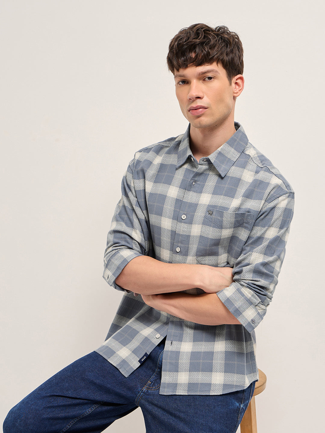 Grey Herringbone Check Cotton Relaxed Fit Overshirt