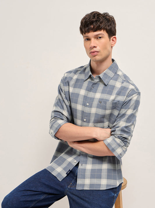 Grey Herringbone Check Cotton Relaxed Fit Overshirt