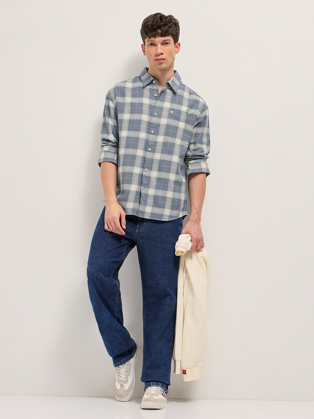 Grey Herringbone Check Cotton Relaxed Fit Overshirt