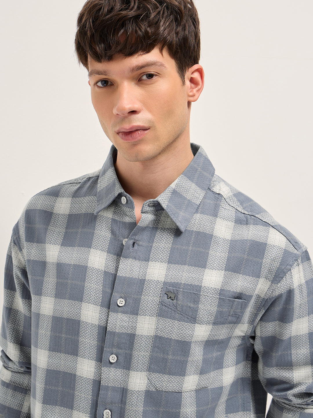 Grey Herringbone Check Cotton Relaxed Fit Overshirt