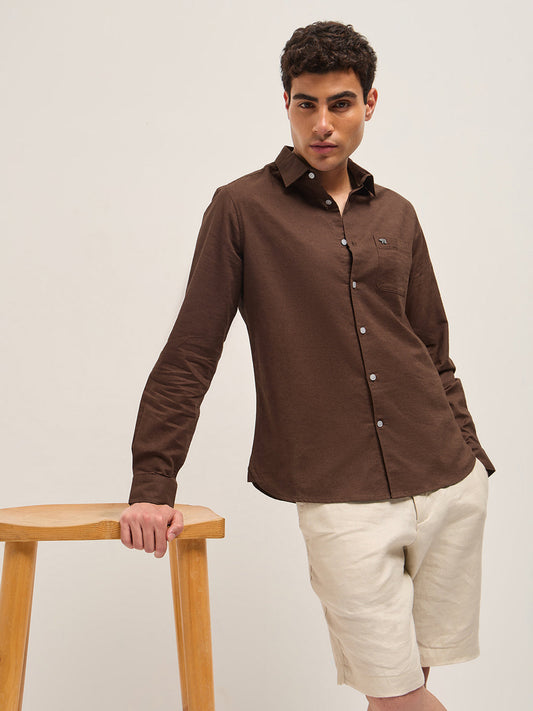 Brown Cotton Linen Slim Fit Solid Casual Shirt