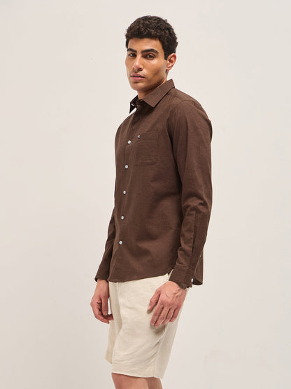 Brown Cotton Linen Slim Fit Solid Casual Shirt