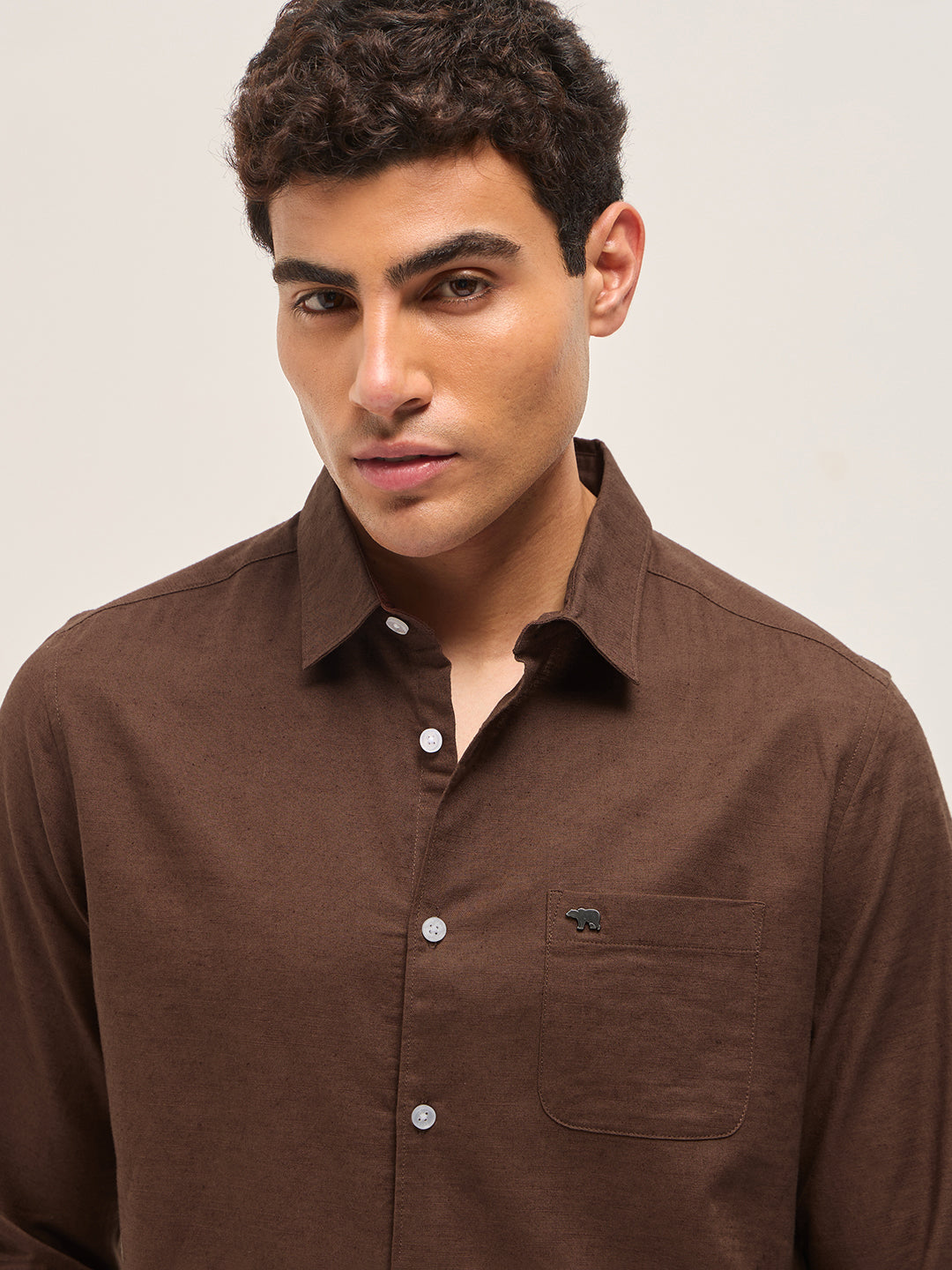 Brown Cotton Linen Slim Fit Solid Casual Shirt