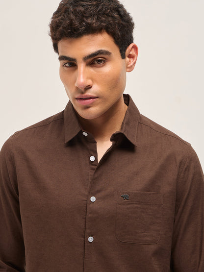 Brown Cotton Linen Slim Fit Solid Casual Shirt
