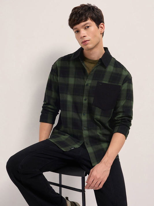 Green Checked Relaxed Fit Overshirt with Solid Back