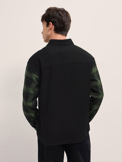 Green Checked Relaxed Fit Overshirt with Solid Back