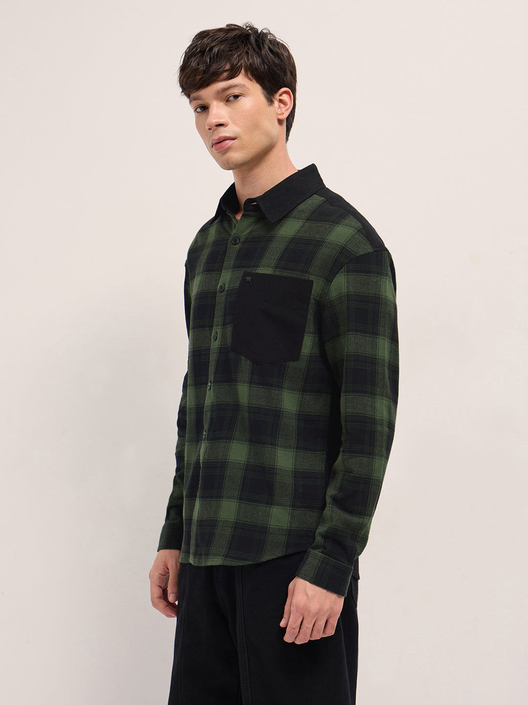 Green Checked Relaxed Fit Overshirt with Solid Back