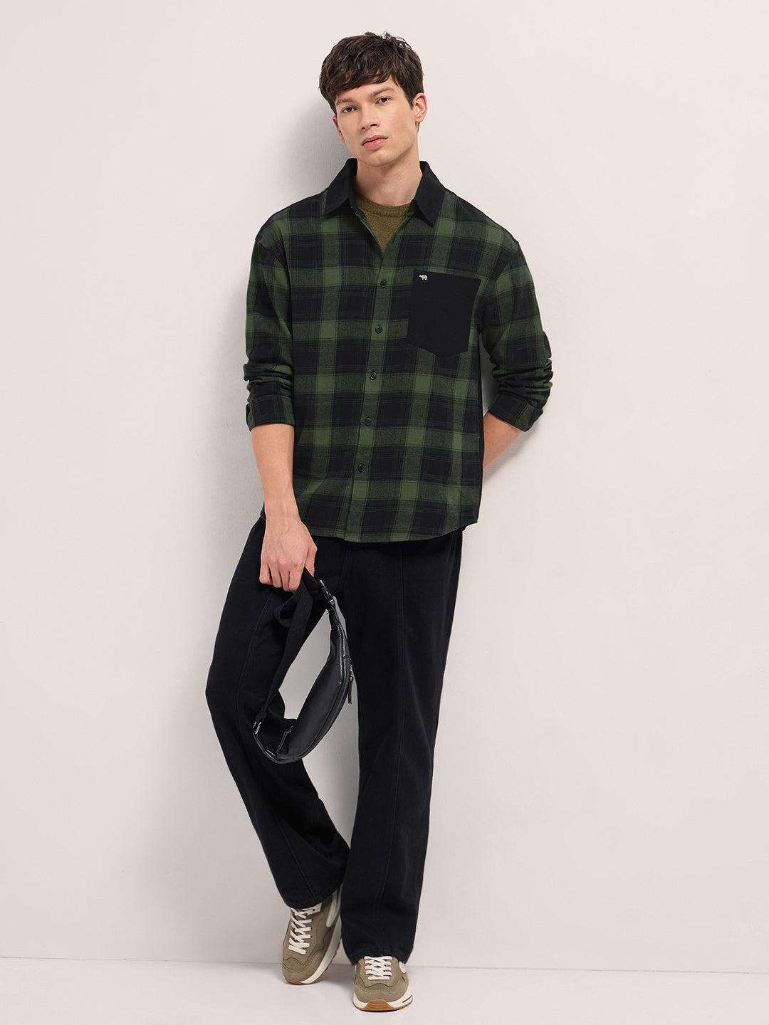 Green Checked Relaxed Fit Overshirt with Solid Back