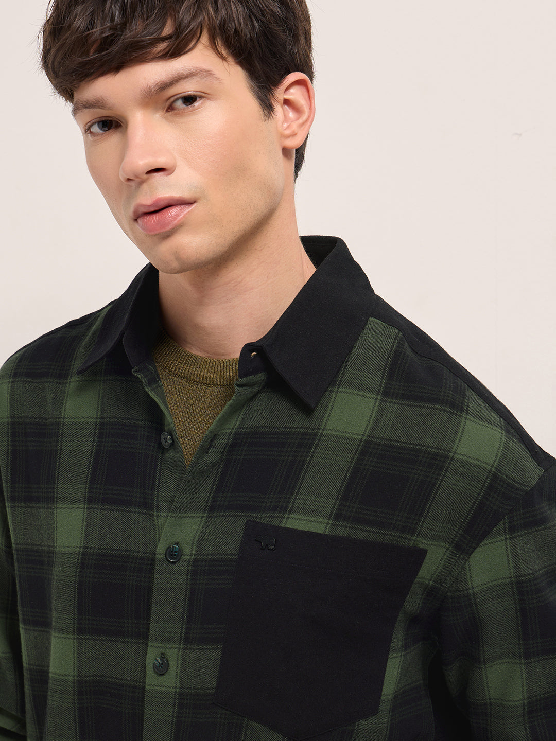 Green Checked Relaxed Fit Overshirt with Solid Back