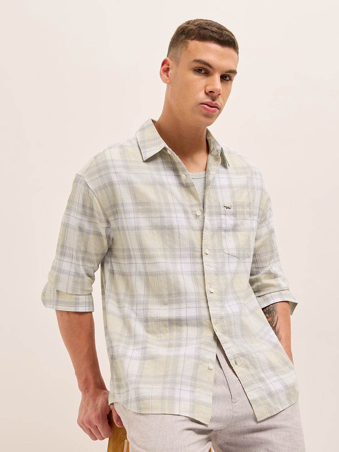 Light Green Woven Checked Relaxed Fit Casual Shirt