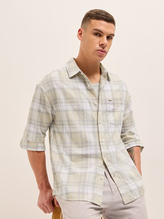 Light Green Woven Checked Relaxed Fit Casual Shirt