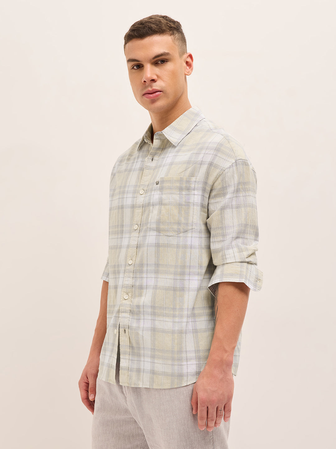 Light Green Woven Checked Relaxed Fit Casual Shirt