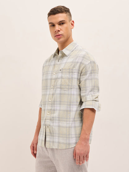 Light Green Woven Checked Relaxed Fit Casual Shirt