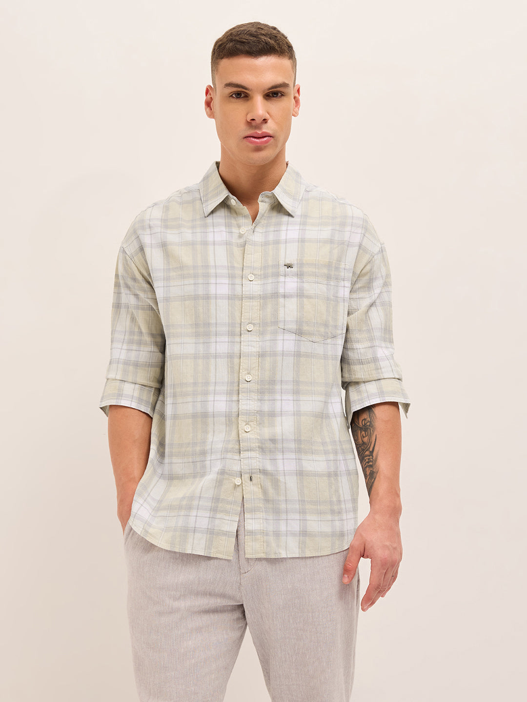 Light Green Woven Checked Relaxed Fit Casual Shirt