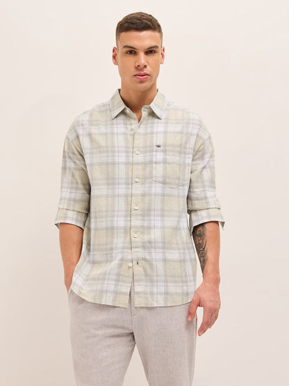 Light Green Woven Checked Relaxed Fit Casual Shirt