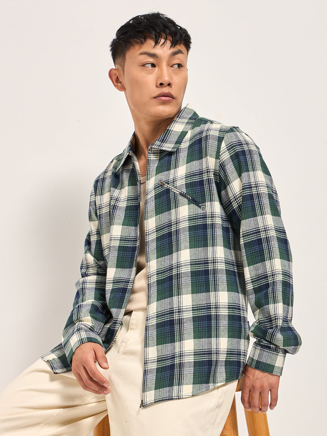 Multi-Color Tartan Checked Flannel Shacket with Zipper Closure