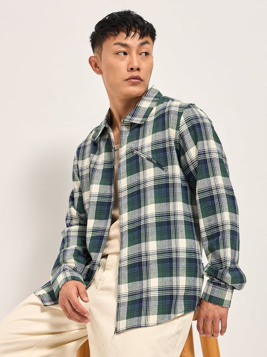 Multi-Color Tartan Checked Flannel Shacket with Zipper Closure