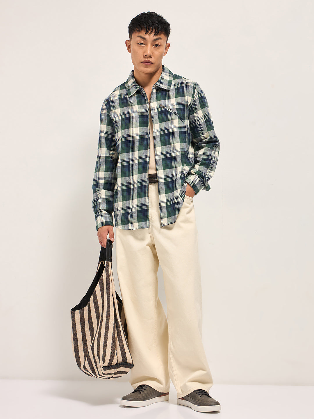 Multi-Color Tartan Checked Flannel Shacket with Zipper Closure