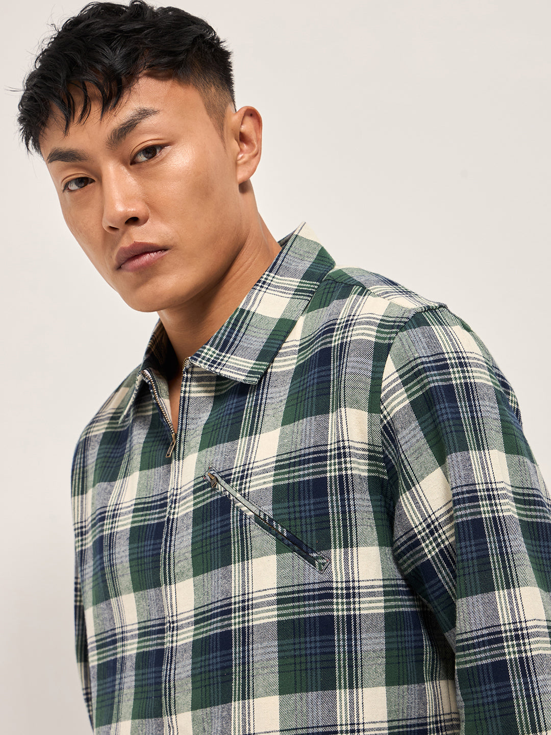 Multi-Color Tartan Checked Flannel Shacket with Zipper Closure