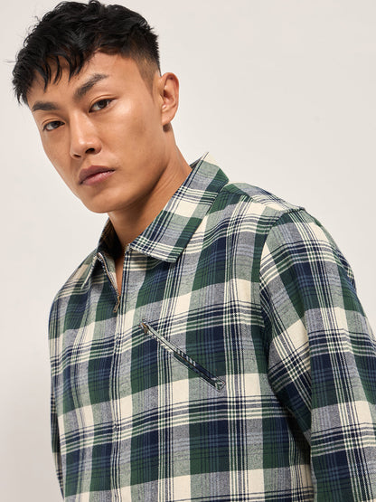 Multi-Color Tartan Checked Flannel Shacket with Zipper Closure