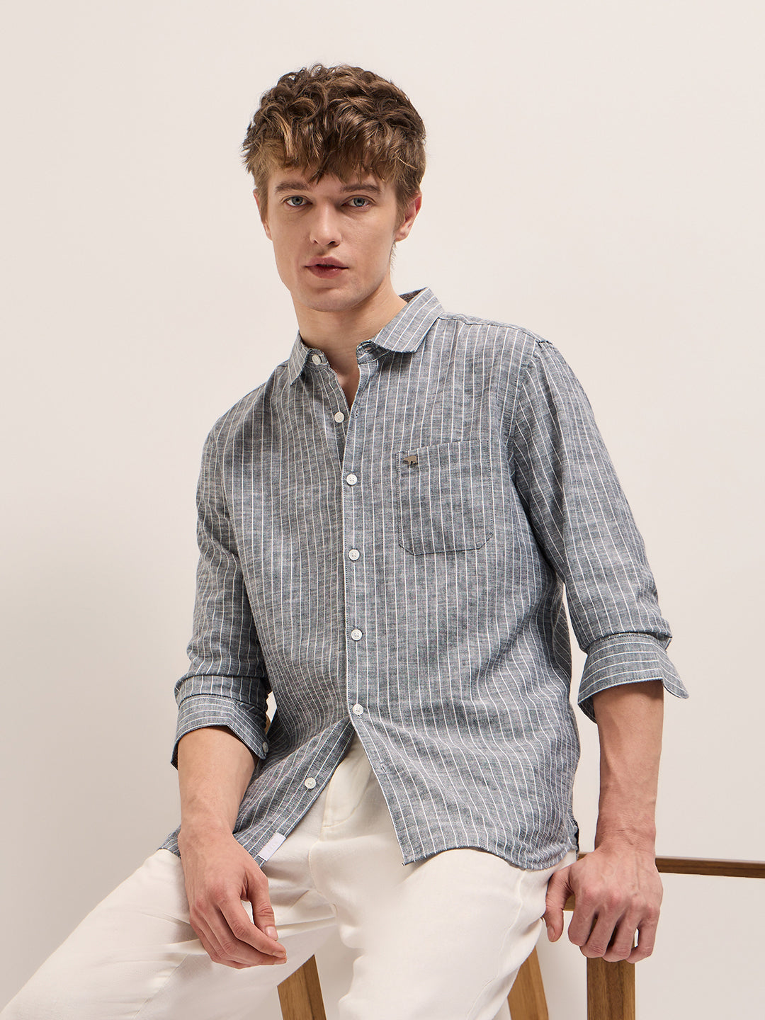 Grey with White Vertical Stripe Slim Fit Casual Shirt