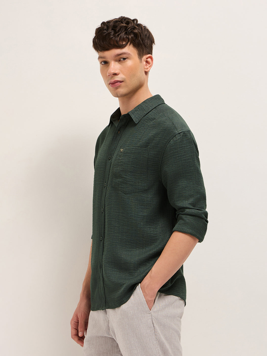 Olive Textured Relaxed Fit Casual Shirt