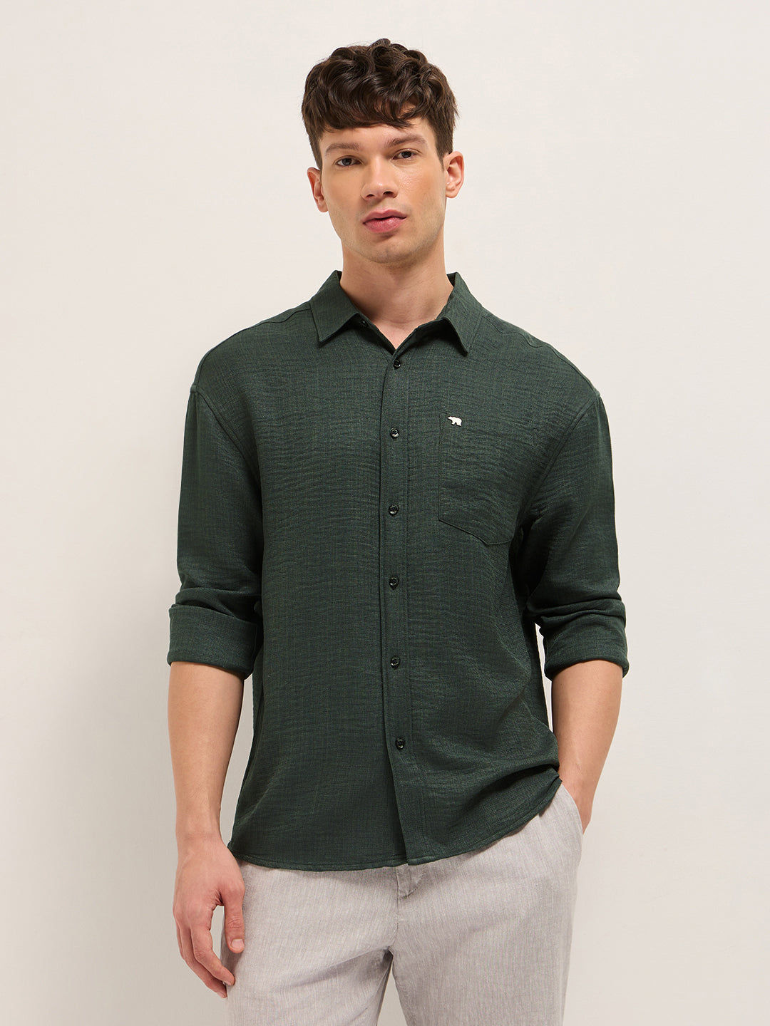 Olive Textured Relaxed Fit Casual Shirt