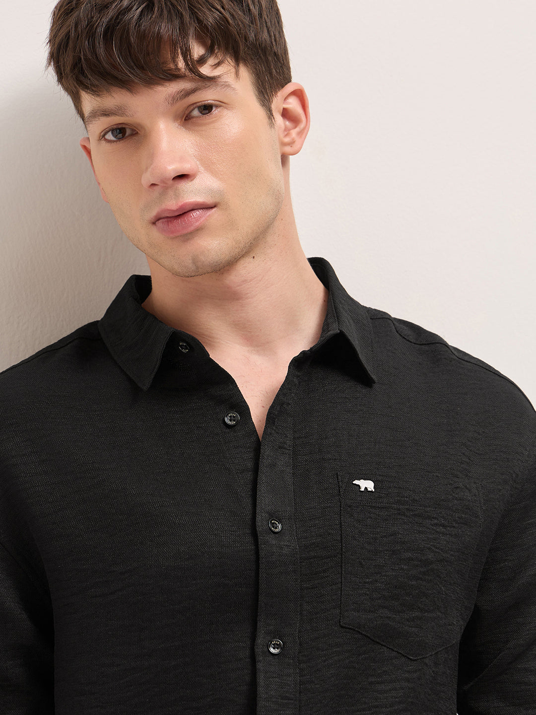 Black Textured Relaxed Fit Casual Shirt