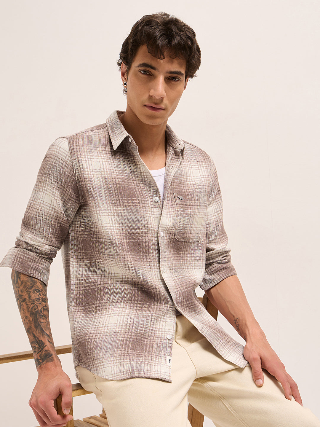 Brown Herringbone Checked Design Regular Fit Casual Shirt