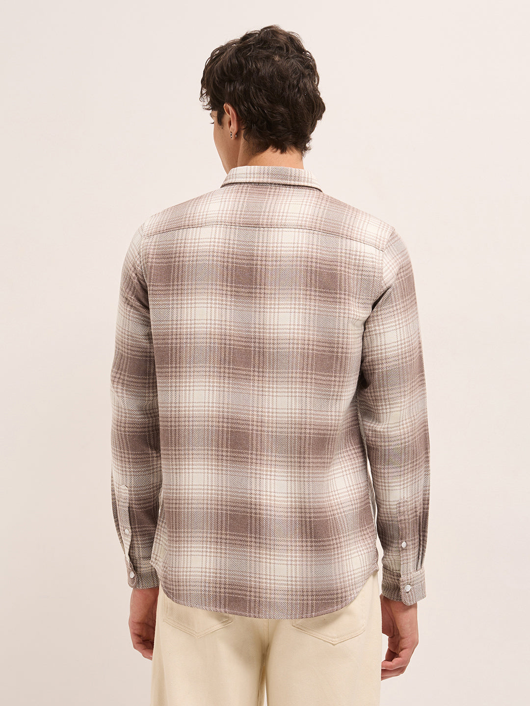 Brown Herringbone Checked Design Regular Fit Casual Shirt