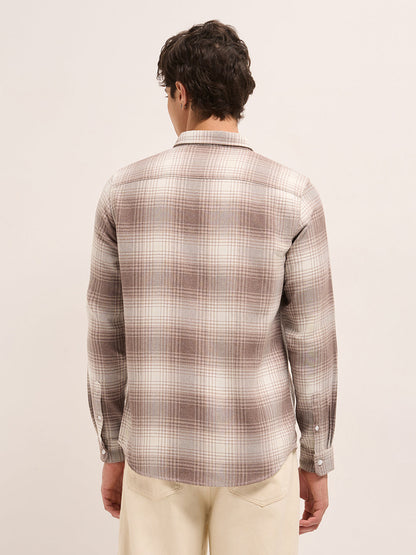 Brown Herringbone Checked Design Regular Fit Casual Shirt