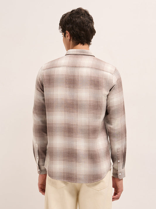 Brown Herringbone Checked Design Regular Fit Casual Shirt