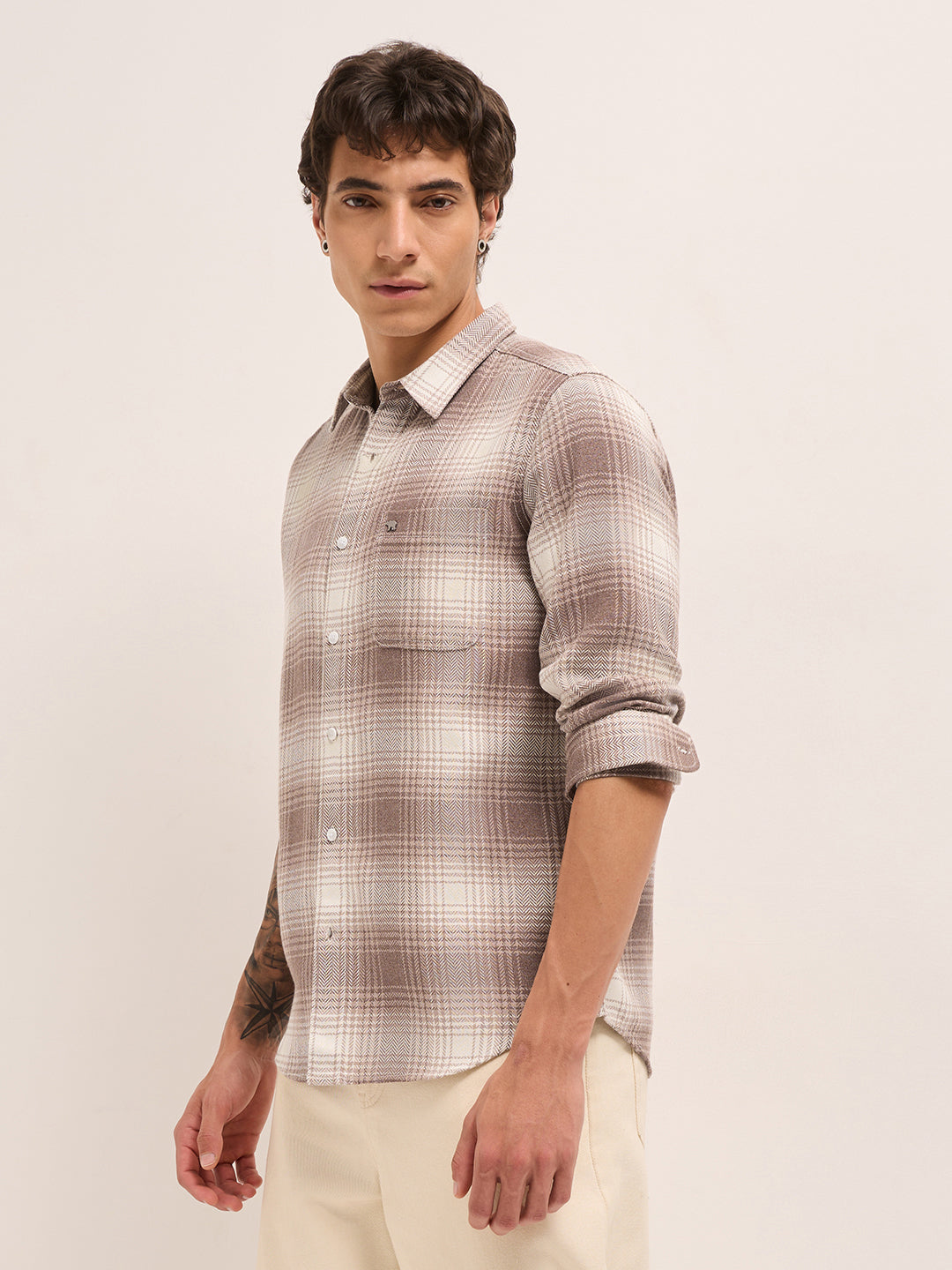 Brown Herringbone Checked Design Regular Fit Casual Shirt