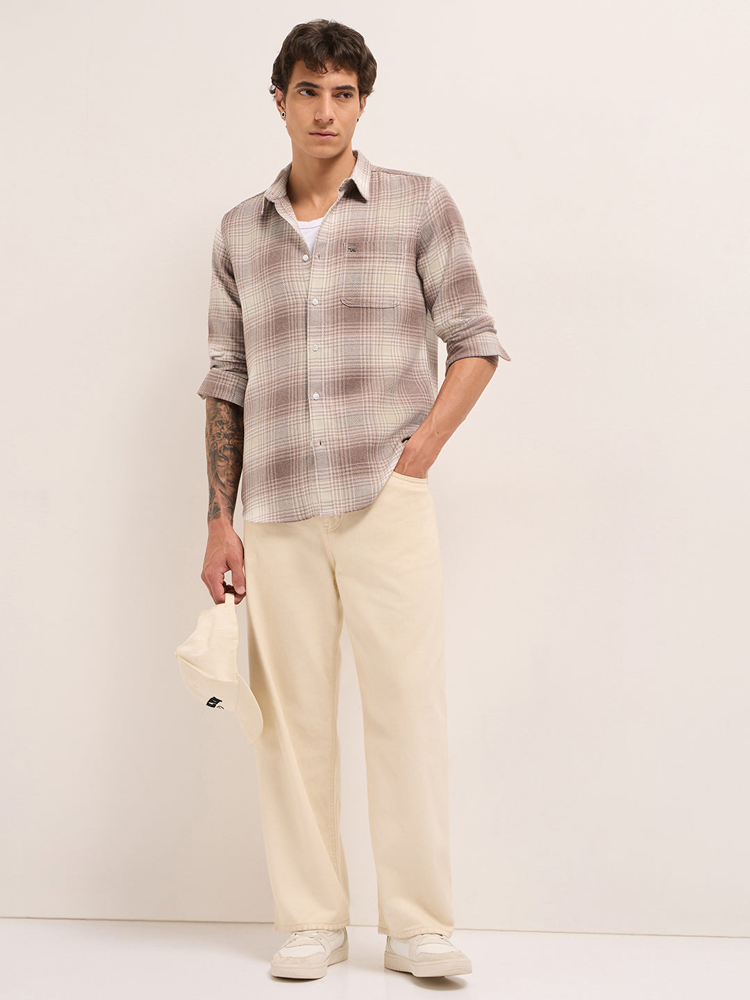 Brown Herringbone Checked Design Regular Fit Casual Shirt